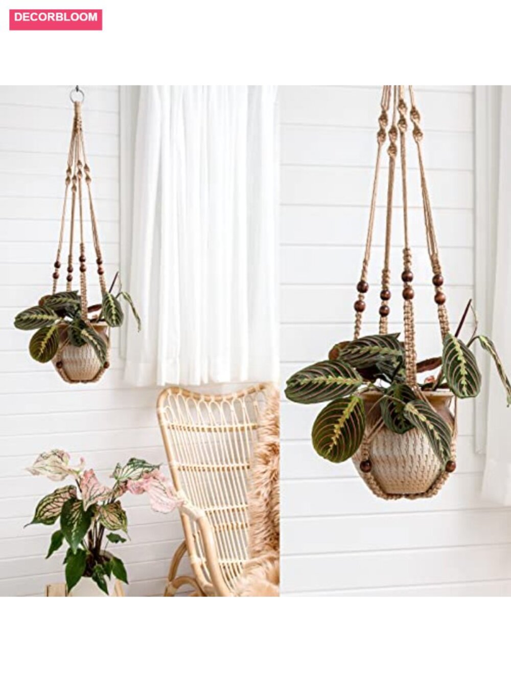 Macrame Plant Hanger Jute Hanging Planter with Wood Beads Boho Decor 35 Inch - Picture 3 of 6
